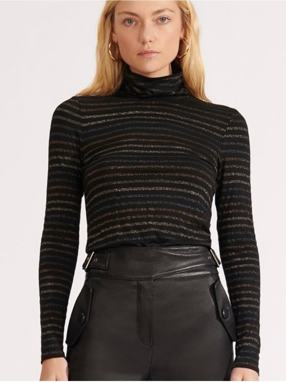 Veronica Beard Audrey Black Lurex Metallic Stripe Turtleneck XL